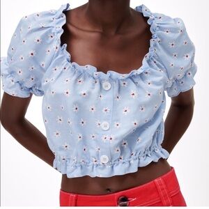 Zara cropped embroidered linen blend blouse floral size extra small